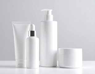 White cosmetic containers against a light gray background.  Clean, modern aesthetic