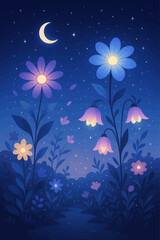 Whimsical night garden illustration with glowing flowers under a crescent moon and starry sky, creating a dreamy and magical atmosphere perfect for fantasy and nature-themed designs