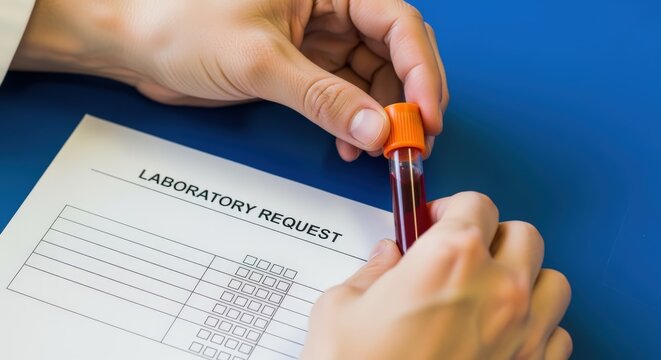 Blood Sample Analysis: Medical Professional Examining a Blood Test Tube with Laboratory Request Form