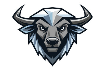 Stylized water buffalo head with prominent horns shows geometric shapes and sharp angles against white