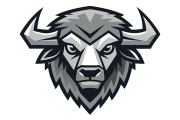 Monochromatic buffalo head stares intensely with sharp horns and a determined gaze