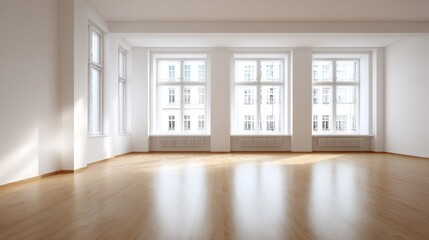 Obraz premium Bright Empty Room with Hardwood Flooring and Large Windows, Ideal for Real Estate and Interior Design