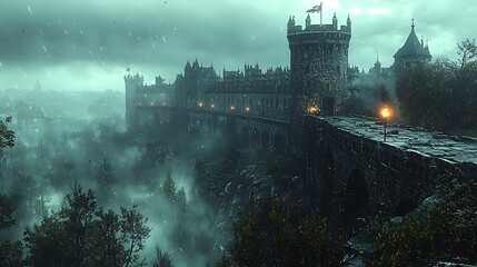 Fototapeta premium A grand medieval castle on a foggy cliff side, surrounded by dense pine forests.