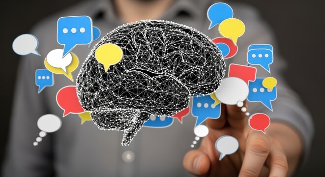 Human Brain Illustration with Speech Bubbles Representing Communication, Connection, and Ideas for Mental Health Concepts