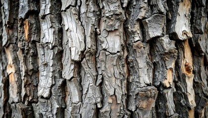Obraz premium Close-up view of rough, textured tree bark, showing vertical fissures and variations in color