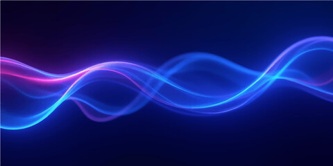 Abstract blue waves and swirling light lines create a dynamic technological background with a flowing energy pattern