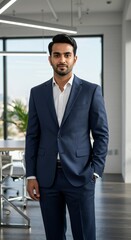 Fototapeta premium Confident businessman in suit standing in modern office building