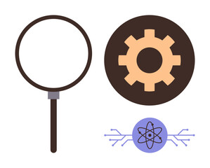 Obraz premium Magnifying glass with gear and atom design symbolizing research, technology advancement, and science innovation. Ideal for science, education, problem solving, technology, AI, engineering simple