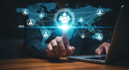 Global Networking Connection: Person Touching Holographic Interface Displaying Worldwide Communication and Social Connections via Digital Network