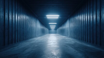 Empty Industrial Corridor with Blue Lighting and Concrete Floor, Perfect for Architectural Visualization and 3D Rendering