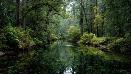 Tranquil forest stream. Lush greenery surrounds a still waterway