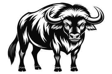 Monochrome buffalo stares with bold intensity, its powerful horns curved in a stark silhouette