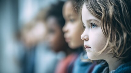 Children elementary school students standing in line with focused expressions indoors, banner with copy space