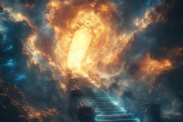 A grand staircase leading to a glowing celestial gate, floating between dimensions, swirling galaxies and cosmic energy.