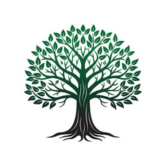 Obraz premium Vibrant Green Tree of Life with Detailed Branches and Roots on White Background leaves