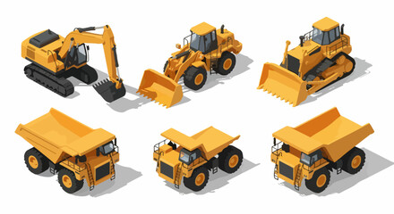 A set of six yellow heavy construction machinery vehicles shown in an isometric view. © goesti