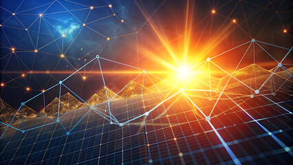 Solar energy growth concept with polygon tech lines connecting to bright solar panel field