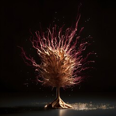 Abstract splash of golden and purple paint on a dark background in studio