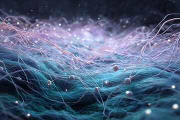 Intricate microscopic view of neural pathways and cells, glowing with vibrant energy, hinting at complex biological processes and scientific discovery.