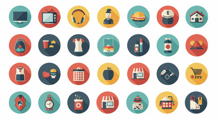 A colorful collection of flat design shopping and lifestyle icons with long shadows, presented in circular frames with a distinct retro color palette.
