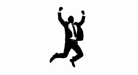 Black silhouette of a joyful businessman in a suit jumping with arms raised in celebration.