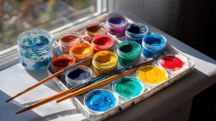 Colorful watercolor set window sunlight