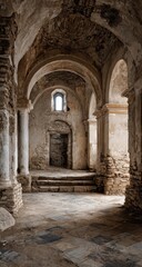 Interior of a ruined church.  Aged arches, stone columns, and a faded window