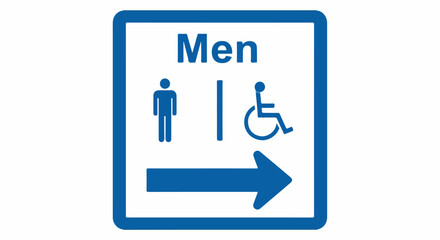 Blue directional sign for men's restroom with accessible symbol and arrow pointing right.