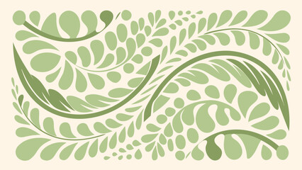 Fototapeta premium Illustration of light green leaves and branches in a decorative pattern on a light background