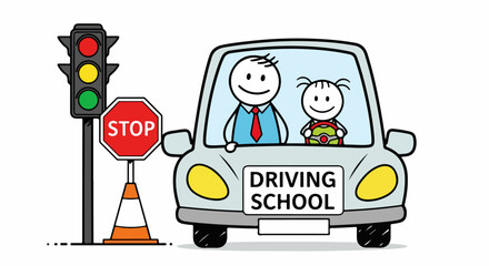 Cartoon driving school lesson with a smiling instructor and student in a car at a traffic light and stop sign.