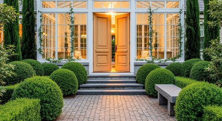 Obraz premium Elegant Home Entrance with Landscaped Garden, Open Doors, and Inviting Pathway Leading to Warm Interior