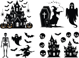 Halloween silhouette set, haunted house, flying witch, ghost, skeleton, coffin, bats, pumpkins, skulls, spooky icons, dark theme, vector illustration