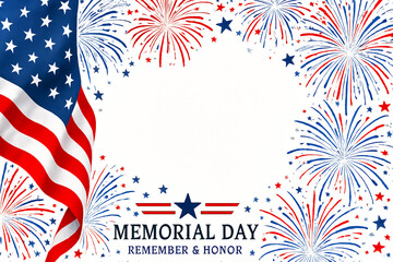 Fototapeta premium Memorial Day Design with Fireworks, American Flag, and 'Remember & Honor' Text – Patriotic Image for Commemoration and Tribute