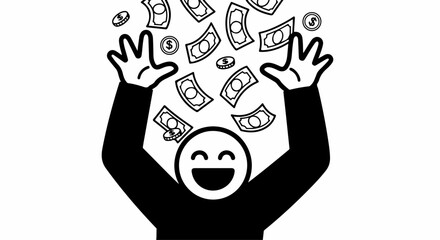 Joyful pictogram of a person celebrating under a rain of money, with arms raised in happiness.