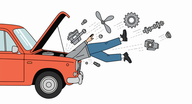 Funny cartoon illustration of a man being sucked into a red vintage car engine with mechanical parts flying out.