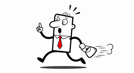 Panicked cartoon businessman with a red tie running late, pointing with a shocked expression.
