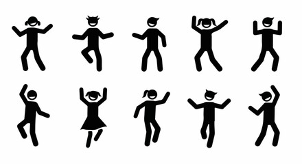 Set of ten black stick figure icons showing happy people dancing and celebrating joyfully.