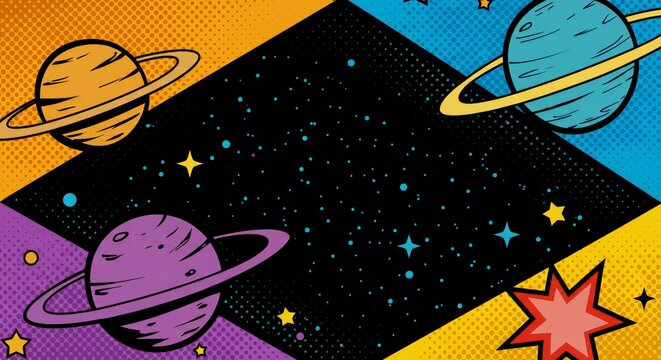 Comic Space Planets Retro Pop Art Background with Stars and Galaxies