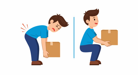 Man demonstrating correct and incorrect lifting posture, showing back pain from improper bending and safe squatting.