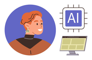 Portrait of a person, AI chip symbol, and desktop display illustrating AI-driven technology. Ideal for innovation, tech, education, research, data, human-machine interaction simple flat metaphor