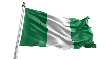 A waving nigeria flag on a silver pole against a black background in a patriotic display of national pride