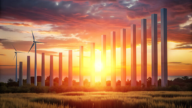 Wind energy innovation concept with bar charts emerging from turbines