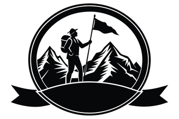 Silhouette man with backpack raises flag above mountains within round frame and ribbon