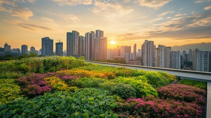 Green Roof Cityscape at Sunset with Lush Vegetation and Urban Skyline
