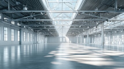 Spacious Empty Warehouse Interior with Polished Concrete Floor and Natural Light from Skylight, Ideal for Industrial Projects