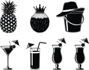 Tropical drink silhouette set, pineapple, coconut crown, beach bucket, martini glass, summer cocktail, cherry garnish, umbrella, vacation icon, vector illustration