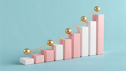 3d business graph, 3d rendering, pastel pink and white bar chart, growth concept, financial success, business trend, upward arrow