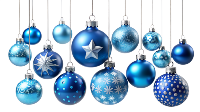Elegant blue christmas ornaments isolated on transparent background, a festive collection of decorative baubles for holiday season celebrations and new years eve