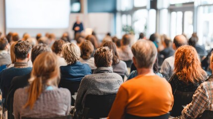 Obraz premium Audience Attending Business Conference: Seminar Attendees, Speaker, and Presentation Screen in a Bright Modern Setting