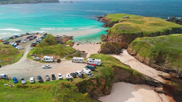 Aerial view of Playa de Santa Comba beach with turquoise sea in Galicia Spain